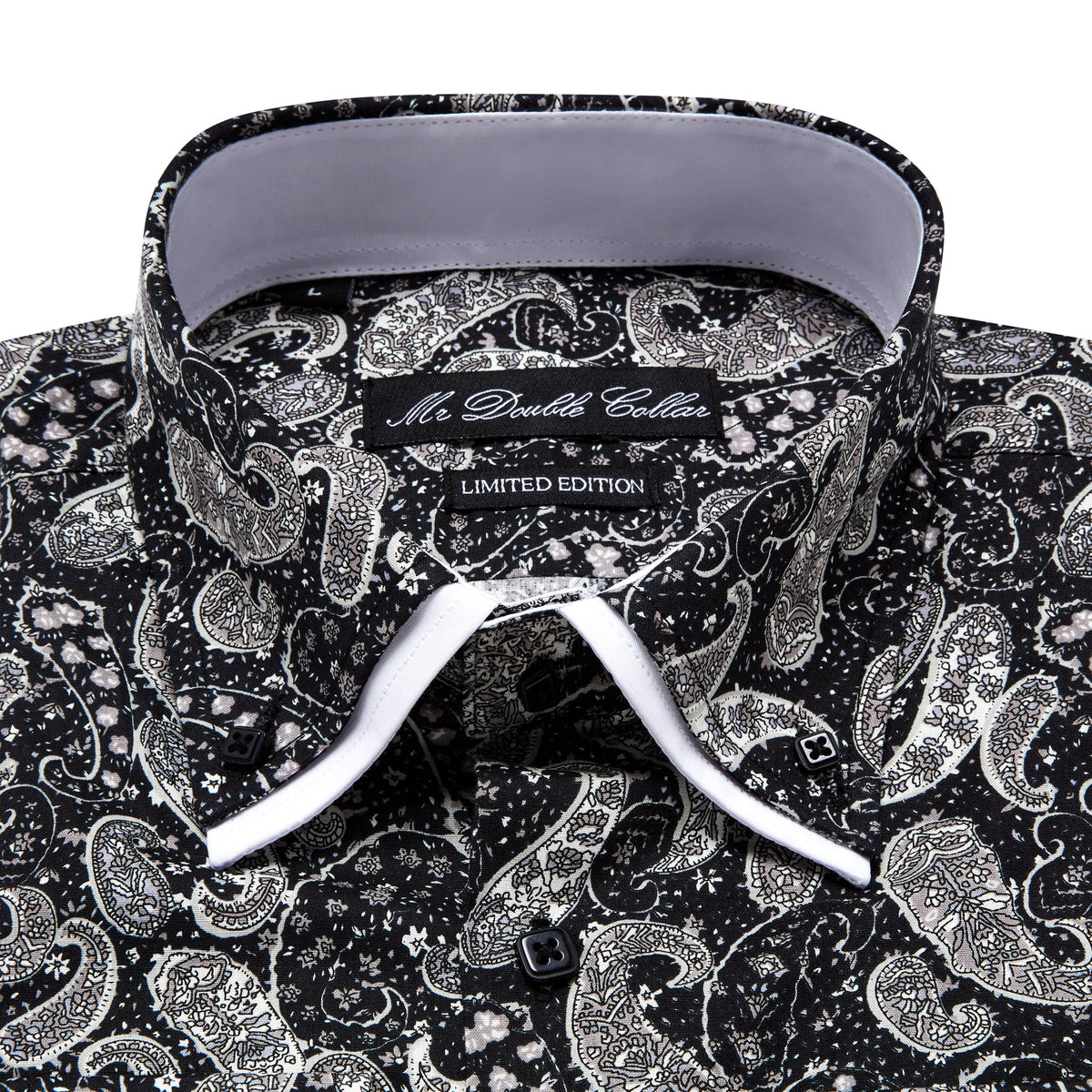 Mens Italian Design Black Paisley Print Smart Casual Double Collar
