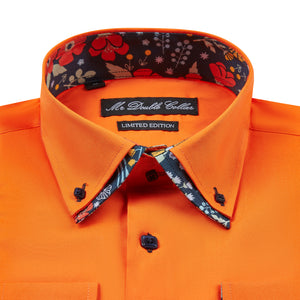 Mens Italian Design Orange Floral Button Down Smart Casual Double Collar Longsleeve