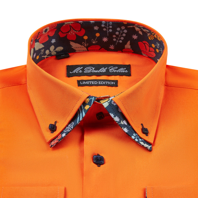 Mens Italian Design Orange Floral Button Down Smart Casual Double Collar Longsleeve