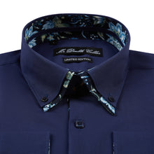 Mens Italian Dark Navy Floral Shirt Smart Casual Double Collar Longsleeve