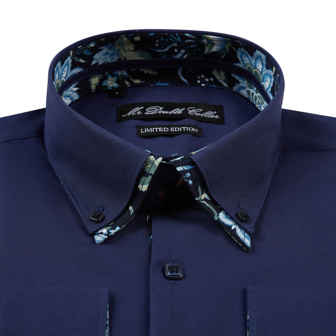 Mens Italian Dark Navy Floral Shirt Smart Casual Double Collar Longsleeve