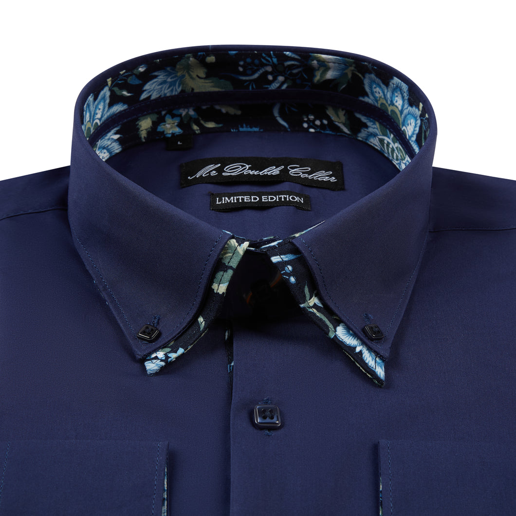 Mens Italian Dark Navy Floral Shirt Smart Casual Double Collar Longsleeve