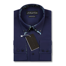 Mens Italian Dark Navy Floral Shirt Smart Casual Double Collar Longsleeve