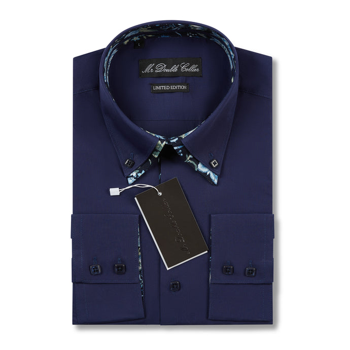 Mens Italian Dark Navy Floral Shirt Smart Casual Double Collar Longsleeve
