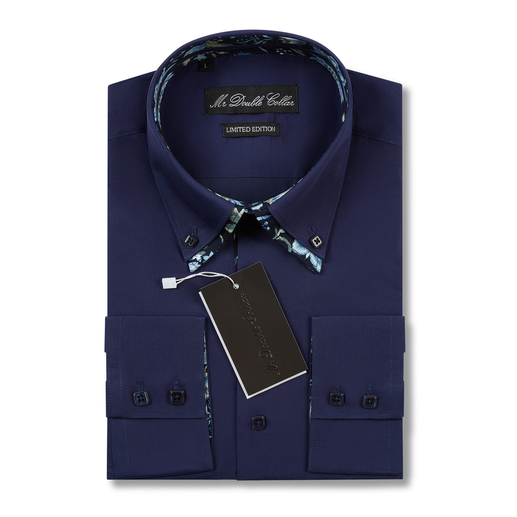 Mens Italian Dark Navy Floral Shirt Smart Casual Double Collar Longsleeve