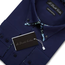 Mens Italian Dark Navy Floral Shirt Smart Casual Double Collar Longsleeve