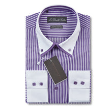 Mens Italian Design Purple Pinstripe Shirt Smart Casual Double Collar Long Sleeve