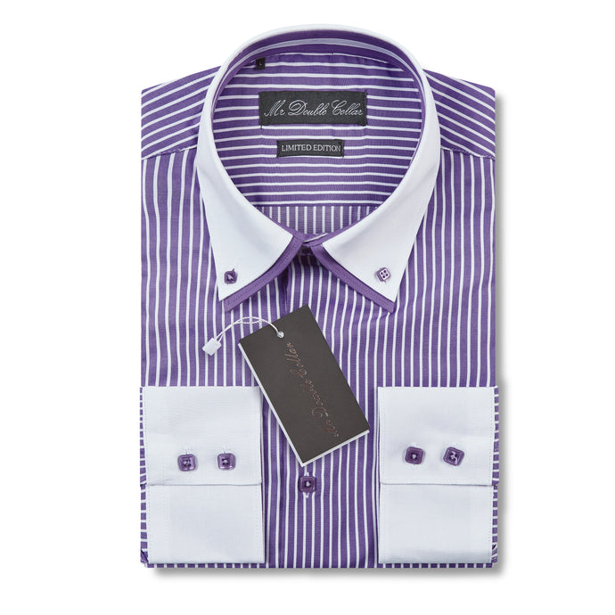 Mens Italian Design Purple Pinstripe Shirt Smart Casual Double Collar Long Sleeve
