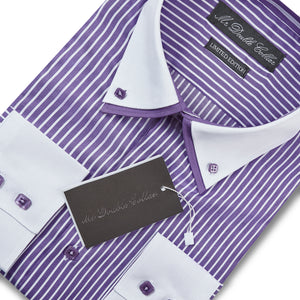 Mens Italian Design Purple Pinstripe Shirt Smart Casual Double Collar Long Sleeve