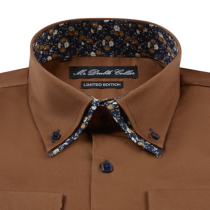 Mens Italian Design Brown Button Down Smart Casual Double Collar Longsleeve