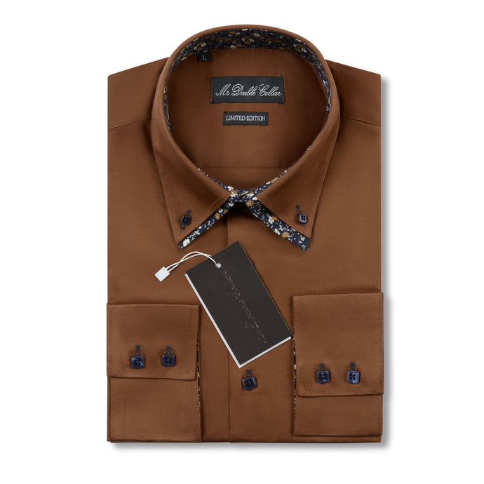 Mens Italian Design Brown Button Down Smart Casual Double Collar Longsleeve