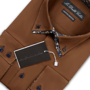 Mens Italian Design Brown Button Down Smart Casual Double Collar Longsleeve