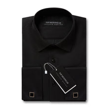 Mens Italian Double Cuff Formal Black Shirt Slim Fit Include Metal Cufflinks Long Sleeve