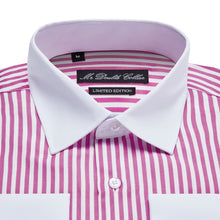 Mens Italian Design Pink Stripe Classic Fit Contrast Collar Formal Shirt With White Collar & Double Cuffs