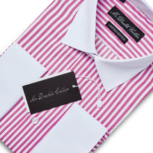 Mens Italian Design Pink Stripe Classic Fit Contrast Collar Formal Shirt With White Collar & Double Cuffs