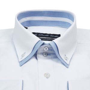 Mens Italian Design White with Blue Checks Shirt Smart Casual Double Collar Long sleeve