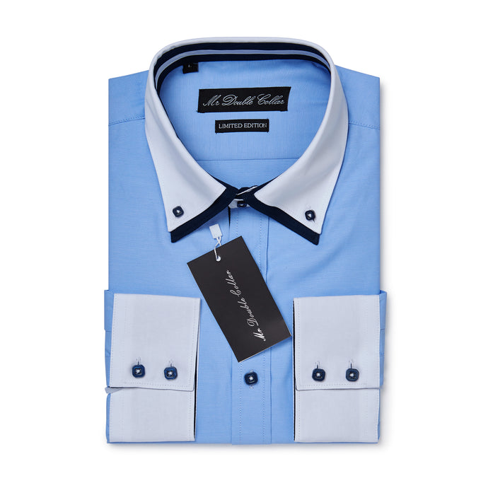 Mens Italian Design Oxford Blue Shirt Smart Casual Double Collar Long sleeve