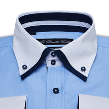Mens Italian Design Oxford Blue Shirt Smart Casual Double Collar Long sleeve
