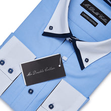 Mens Italian Design Oxford Blue Shirt Smart Casual Double Collar Long sleeve