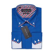 Mens Italian Design Blue Striped Shirt Smart Casual Double Collar Longsleeve