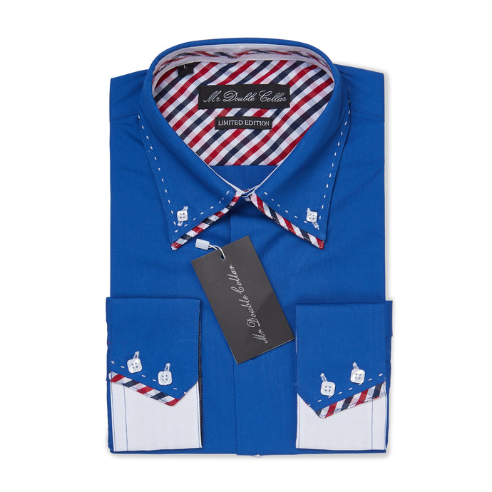 Mens Italian Design Royal Blue Collar Smart Casual Double Collar Long sleeve