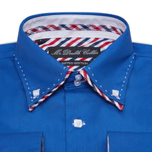 Mens Italian Design Blue Striped Shirt Smart Casual Double Collar Longsleeve