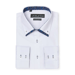 Mens Italian Design White Floral Collar Shirt Smart Casual Double Collar Long-sleeve