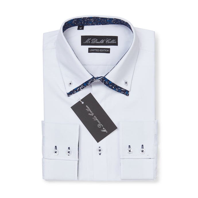 Mens Italian Design White Floral Collar Shirt Smart Casual Double Collar Long-sleeve