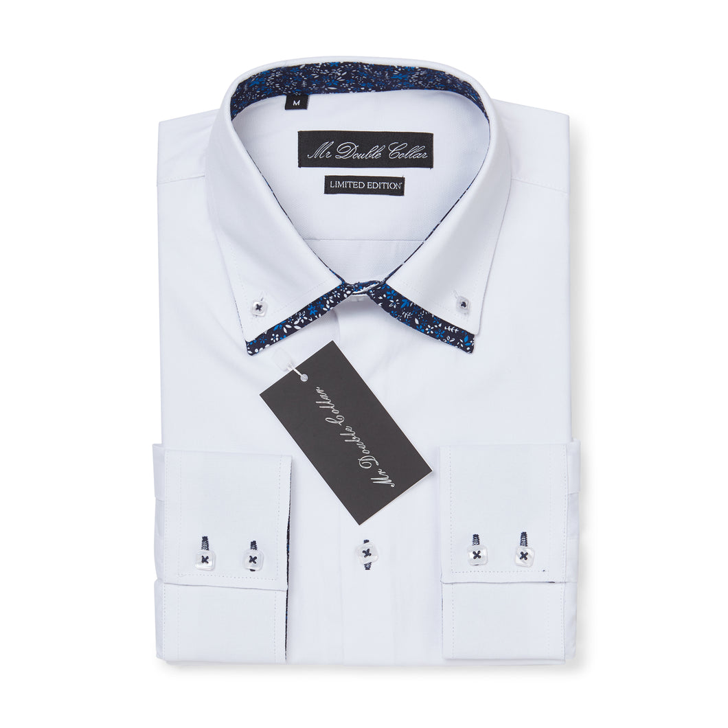 Mens Italian Design White Floral Collar Shirt Smart Casual Double Collar Long-sleeve