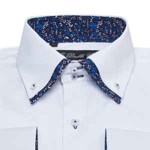 Mens Italian Design White Floral Collar Shirt Smart Casual Double Collar Long-sleeve