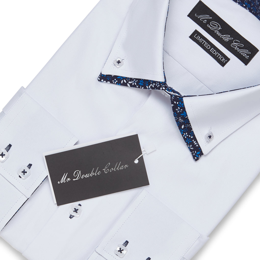 Mens Italian Design White Floral Collar Shirt Smart Casual Double Coll MrDoubleCollar