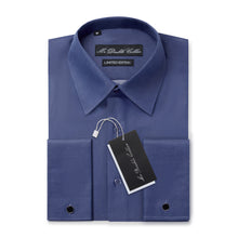 Mens Italian Double Cuff Denim Blue Shade Shirt Slim Fit with Metal Cufflinks Long Sleeve