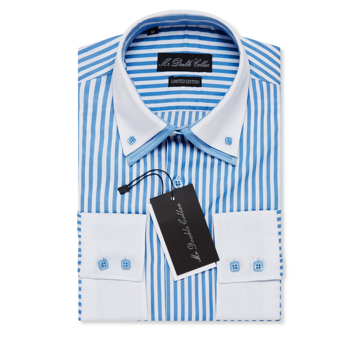 Mens Italian Design Baby Blue Pinstripe Smart Casual Double Collar Longsleeve