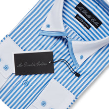 Mens Italian Design Baby Blue Pinstripe Smart Casual Double Collar Longsleeve