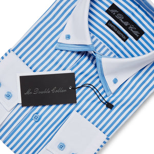 Mens Italian Design Baby Blue Pinstripe Smart Casual Double Collar Longsleeve