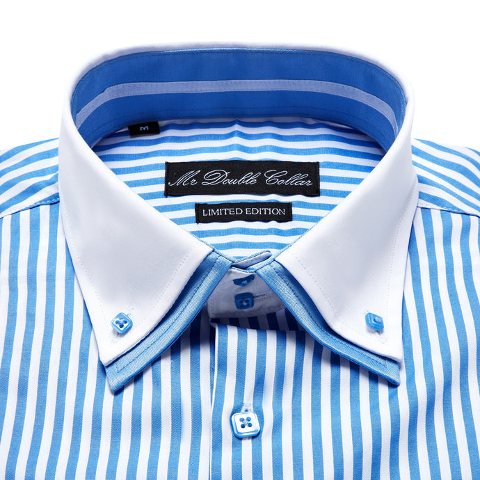 Mens Italian Design Baby Blue Pinstripe Smart Casual Double Collar Longsleeve