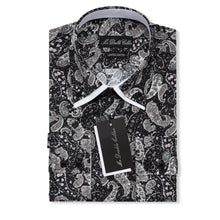 Mens Italian Design Black Paisley Print Smart Casual Double Collar Longsleeve