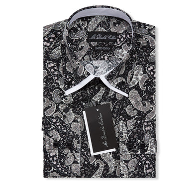 Mens Italian Design Black Paisley Print Smart Casual Double Collar Longsleeve
