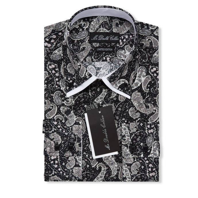 Mens Italian Design Black Paisley Print Smart Casual Double Collar Longsleeve