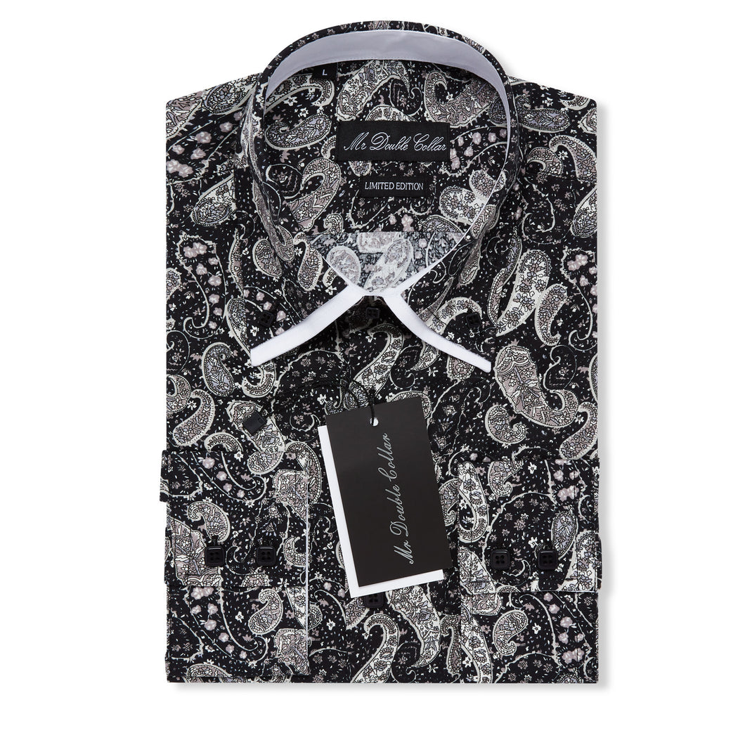Mens Italian Design Black Paisley Print Smart Casual Double Collar Longsleeve