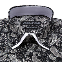 Mens Italian Design Black Paisley Print Smart Casual Double Collar Longsleeve