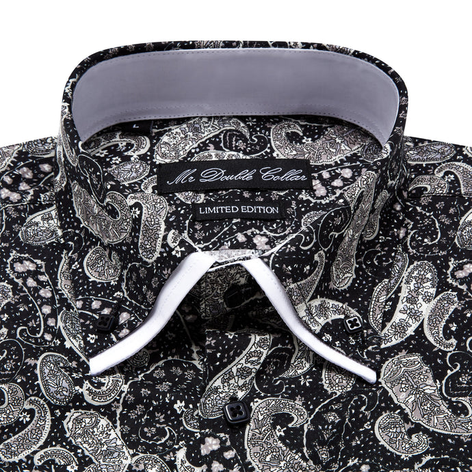 Mens Italian Design Black Paisley Print Smart Casual Double Collar Longsleeve
