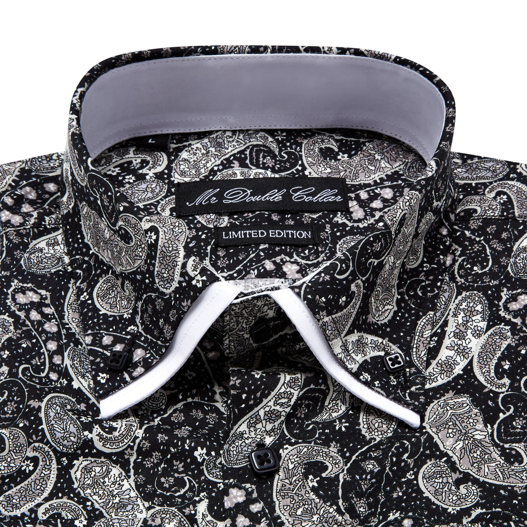 Mens Italian Design Black Paisley Print Smart Casual Double Collar Longsleeve
