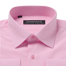 Mens Italian Double Cuff Pink Striped Shirt Slim Fit with Metal Cufflinks Long Sleeve