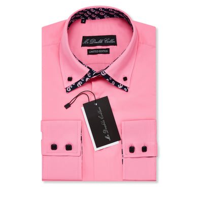 Mens Italian Design Bright Pink Paisley Print Smart Casual Double Collar Longsleeve