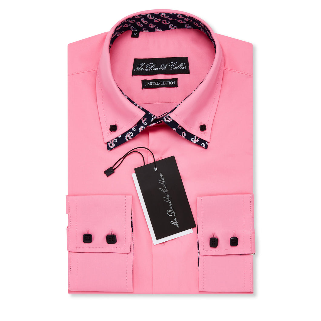 Mens Italian Design Bright Pink Paisley Print Smart Casual Double Collar Longsleeve