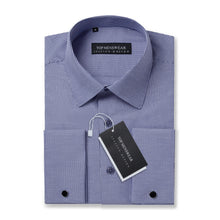 Mens Italian Double Cuff Midnight Blue Striped Shirt Slim Fit with Metal Cufflinks Long Sleeve
