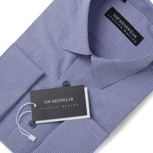 Mens Italian Double Cuff Midnight Blue Striped Shirt Slim Fit with Metal Cufflinks Long Sleeve
