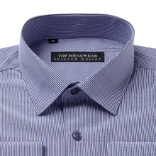 Mens Italian Double Cuff Midnight Blue Striped Shirt Slim Fit with Metal Cufflinks Long Sleeve