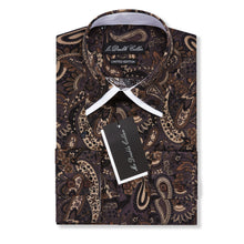 Mens Italian Design Brown Paisley Print Smart Casual Double Collar Longsleeve